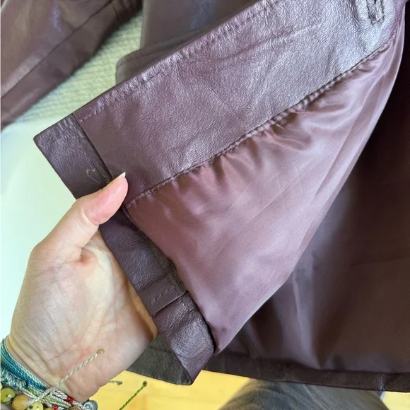 Vintage 70s 80s Salon Studio Burgundy Oxblood Leather Chore Coat Jacket Sz XL - Picture 10 of 12